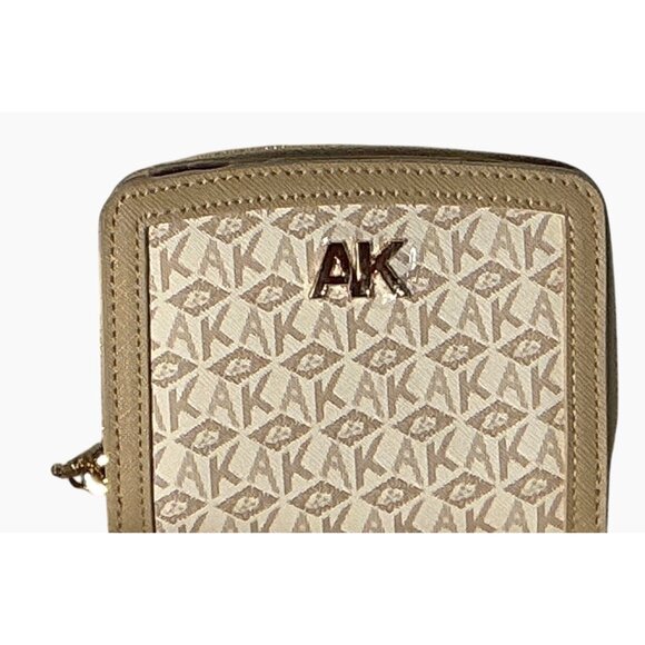 Anne Klein Small Zip Wallet Beige &‎ Gold Monogram Faux Leather Compact Design - Picture 2 of 13